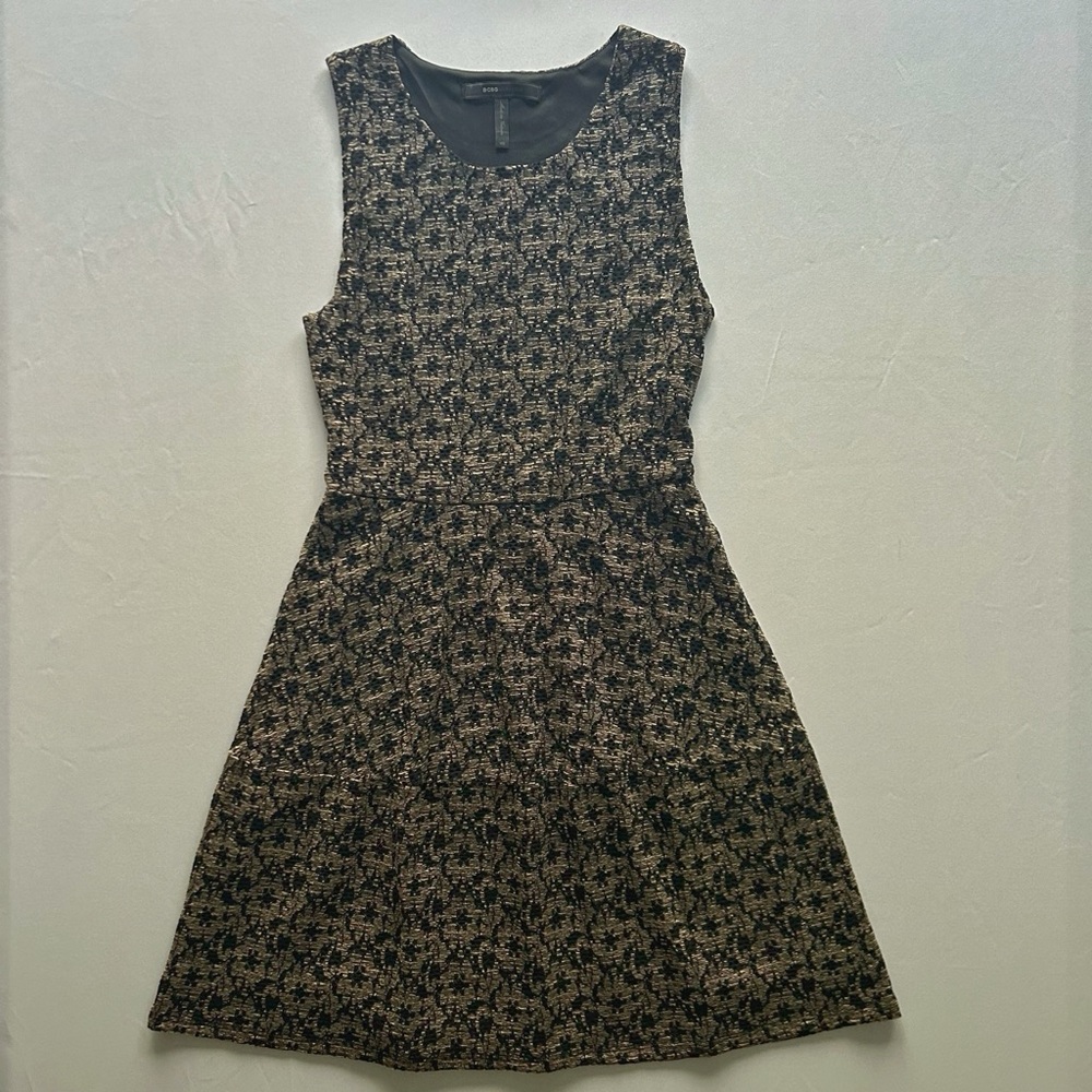 BCBGMaxAzria Black Gold Patterned Mini Dress Fitted Waist Flare Hem XS